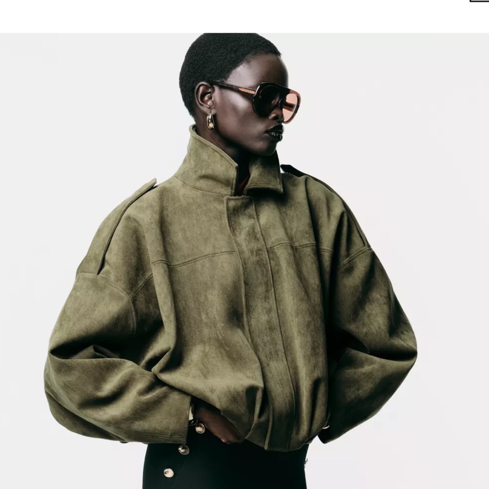 Zara Suede Olive Bomber Jacket - Size Small